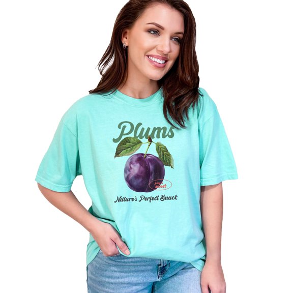 Vintage Plum Graphic T-Shirt, Sweet Plum Shirt, Nature's Perfect Snack Tee, Retro Fruit Inspired Casual Tee, Chalky Mint Comfort Colors T-Shirt, Medium