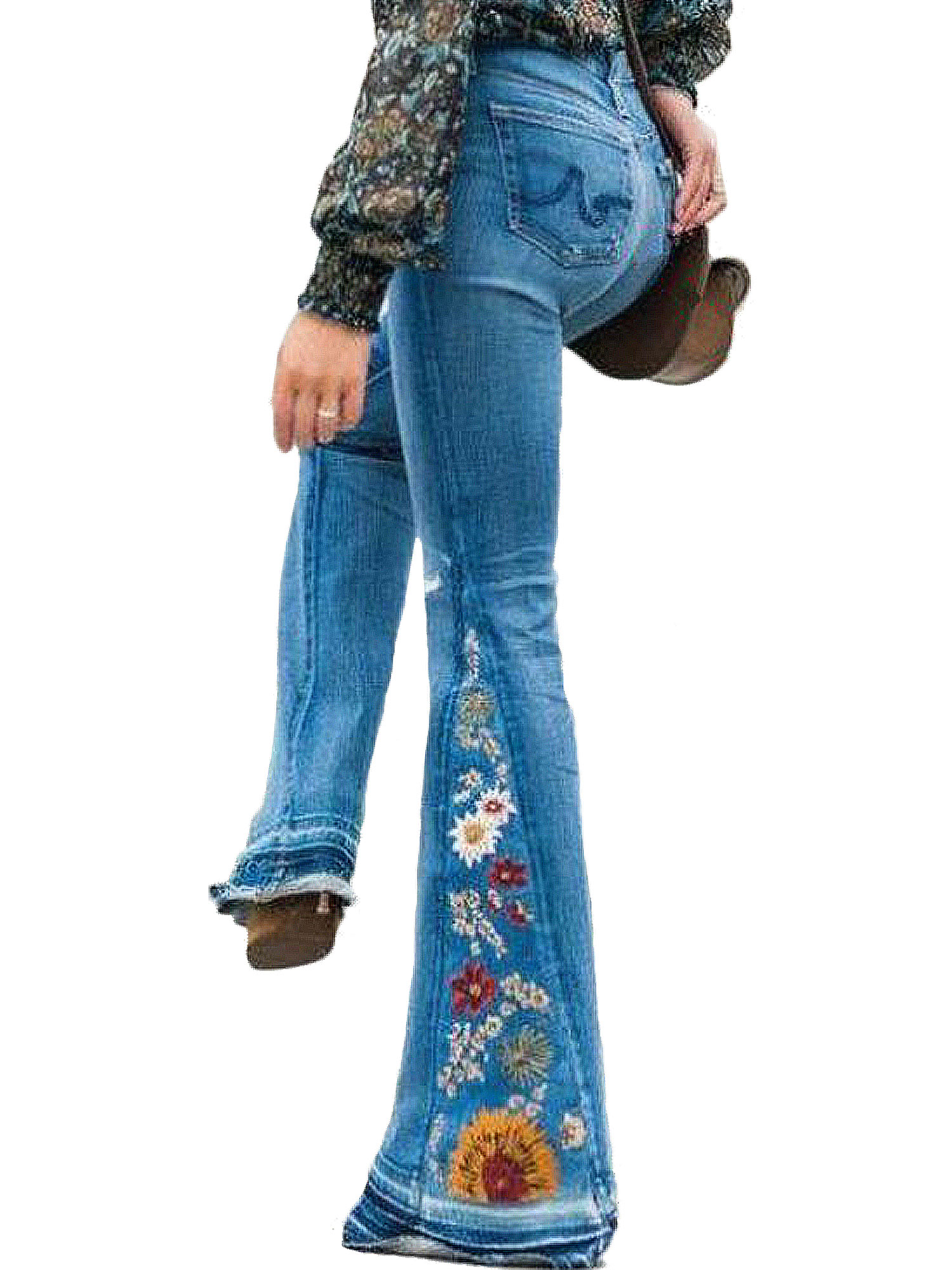 Vintage Plus Size Ladies Denim Jean Women Juniors 70s Trendy Slim Fit High Waist Flared Bell Bottom Denim Jeans Pants Ladies Floral Embroidery Wide Leg Denim Pants - image 1 of 2