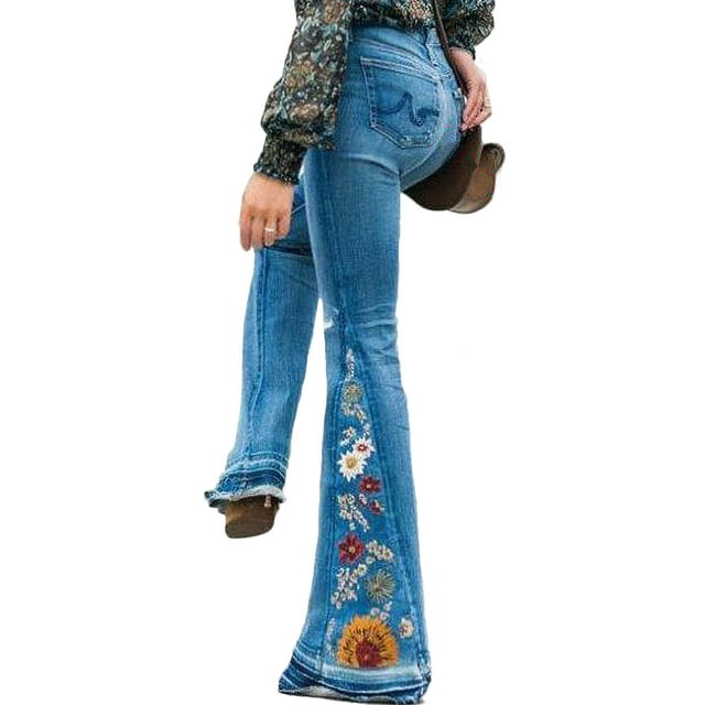 Vintage Plus Size Ladies Denim Jean Women Juniors 70s Trendy Slim Fit High Waist Flared Bell Bottom Denim Jeans Pants Ladies Floral Embroidery Wide Leg Denim Pants