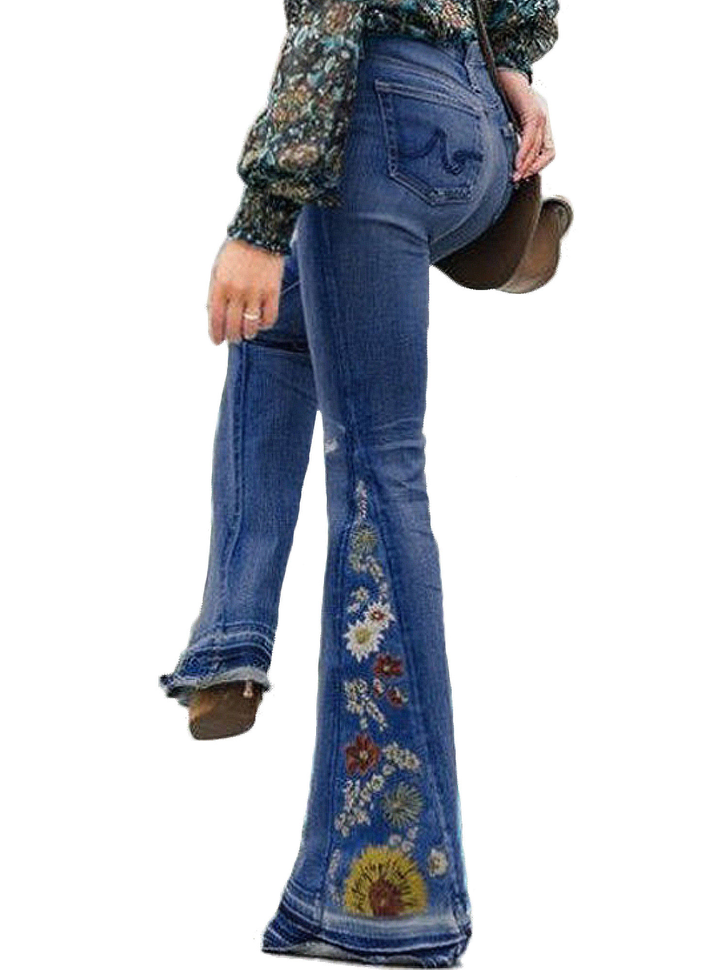 Vintage Plus Size Ladies Denim Jean Women Juniors 78s Trendy Slim Fit High Waist Flared Bell Bottom Denim Jeans Pants Ladies Floral Embroidery Wide Leg Denim Pants - image 1 of 2