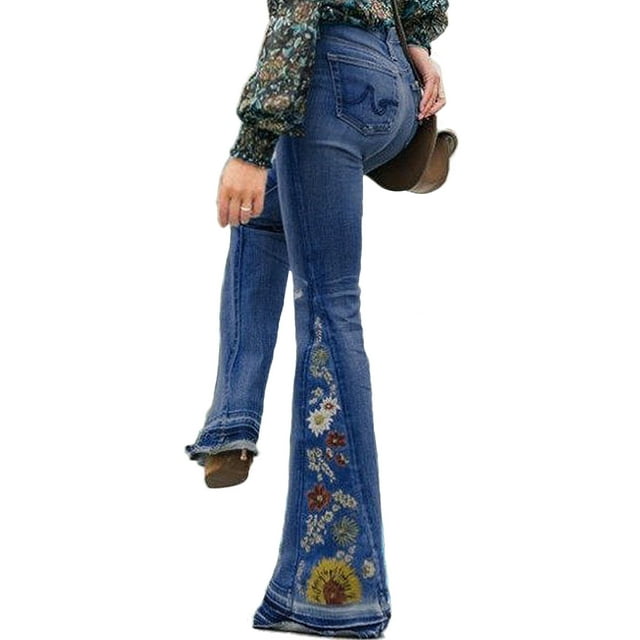Vintage Plus Size Ladies Denim Jean Women Juniors 78s Trendy Slim Fit High Waist Flared Bell Bottom Denim Jeans Pants Ladies Floral Embroidery Wide Leg Denim Pants