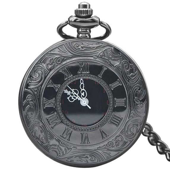 Vintage Pocket Watch for Men, Roman Numerals Scale Quartz Pocket Watches with Chain, Glossy Black Fob for Christmas Father's Day Gift, 1.84 Inch Diameter, Metal