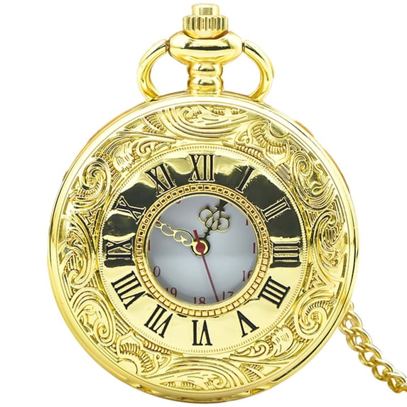 Vintage Pocket Watch for Men, Roman Numerals Scale Quartz Pocket Watches with Chain, Glossy Gold Fob for Christmas Father's Day Gift, 1.84 Inch Diameter, Metal