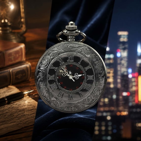 Vintage Pocket Watch, Roman Numeral Quartz piece, Classic Black Pocket Clock With Chain for Men Women Formal Events Collection