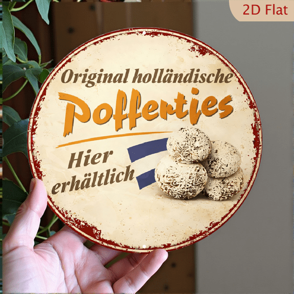 Vintage Poffertjes Dutch Mini Pancake Metal Sign, 8x8 Inch Round Aluminum Wall Decor for Kitchen and Cafe