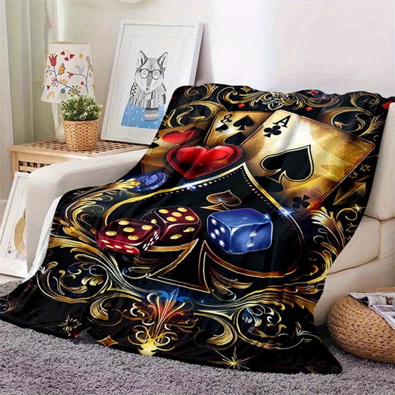 Vintage Poker and Dice Blanket 85.04inch Retro Plush Throw Warm & Lightweight Multipurpose Sofa Bed Travel Picnic Mat Non-Woven Red Longest Side Over 70.87inch