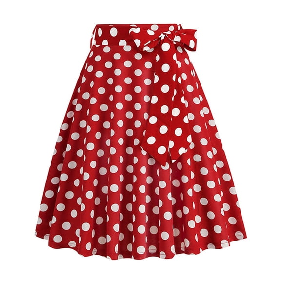 Vintage Polka Dot Print High Waist Midi Skirt with Belted Tie Women's French Retro Casual Fashion Skirt