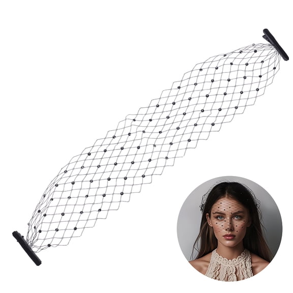 Vintage Polyester Rhinestone Mesh Face Veils for Women Party Costume Accessory for Tea Party with Iron Clips Jet 420x45~83x10.5mm