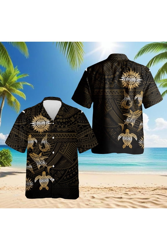 Vintage Polynesian Tribal Hawaiian Shirt for Men, Ocean Sea Turtle Button Down Summer Beach Short Sleeve, S-5XL
