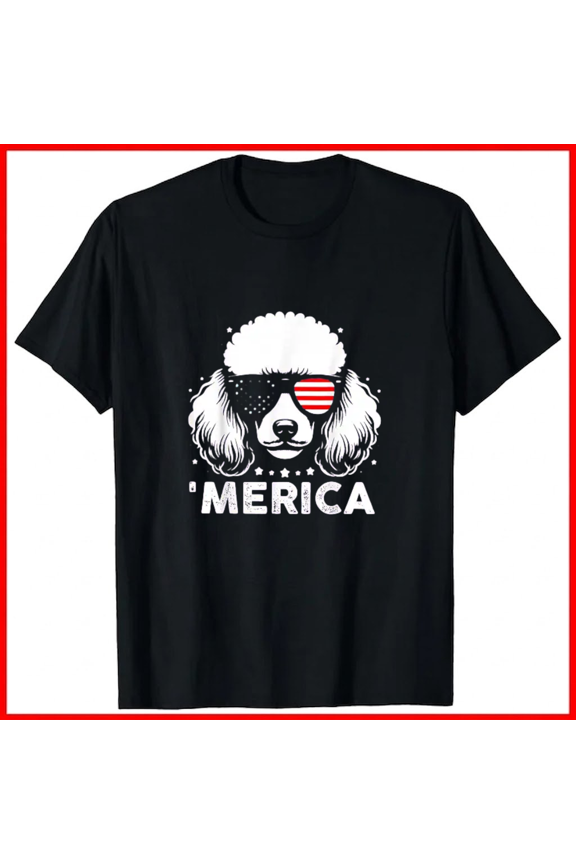 Vintage Poodle Dog Merica Patriotic United States Flag July 4 Unisex T-Shirt B0866, up to size 5XL