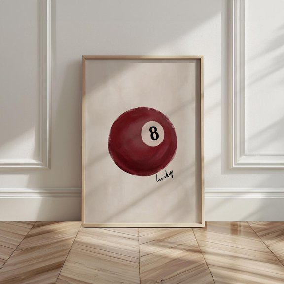Vintage Pool Ball Print Red Retro Poster, Hand-Drawn 8 Ball Print Trendy Red Wall Art, Lucky Girl Poster Burgundy Prints Dorm Room Poster Wall Art, Modern Wall Decor, 8x12 UNFRAMED