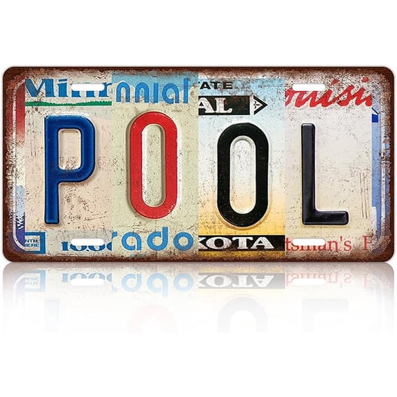Vintage Pool Metal Tin Sign License Plate Wall Decor 12 x 6 Inches