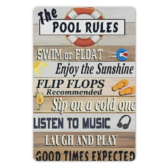 Vintage Pool Rules Metal Wall Sign - Retro Tinplate Decor with Humorous Summer Guidelines for Home, Bar, Bathroom & Garden - Easy to Hang Durable Gift for Pool Lovers 8x12 Inch