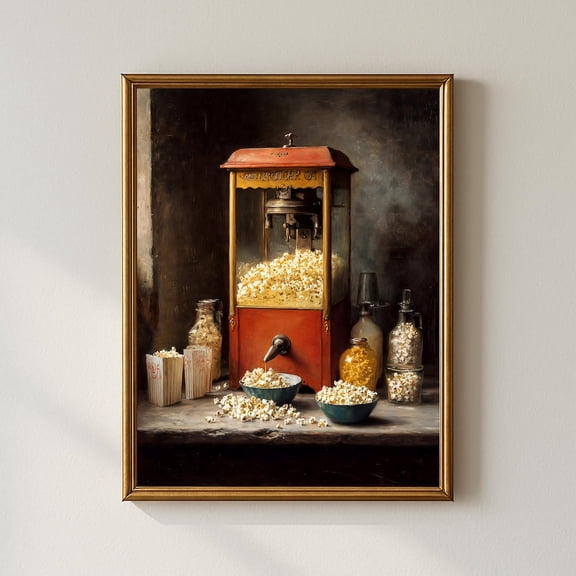 Vintage Popcorn Machine Wall Art, Retro Theater Snack Bar , Rustic Kitchen Movie Night Popcorn Home Decor #792, Stretched Canvas Size 12x18