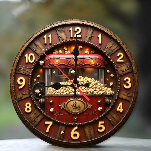 Vintage Popcorn Machine Wall Clock Retro Home Decor 10-Inch Silent Wooden Wall Clock, Battery Operated (AA Batteries Not Included), Artistic Home Decor