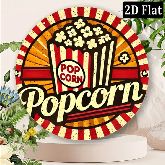Vintage Popcorn Metal Sign 8*8 Inch Retro Aluminum Wall Art with Vibrant Red, Yellow & Black Stripes - Durable Indoor Outdoor Decor for Home, Kitchen, Garage, Office, Bakery No Electricity Needed