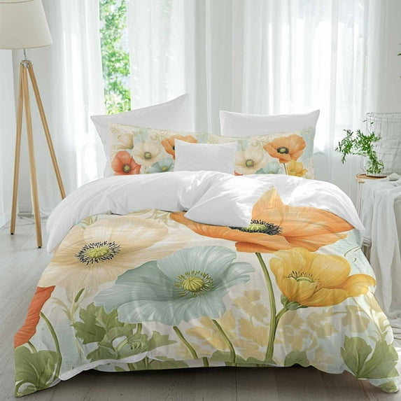 Vintage Poppy 4 Piece Duvet Cover Set Queen Size Orange Blue Yellow Floral Soft Bedding Set Comforter Cover, 1 Duvet Cover 1 Flat Sheets and 2 Pillowcases