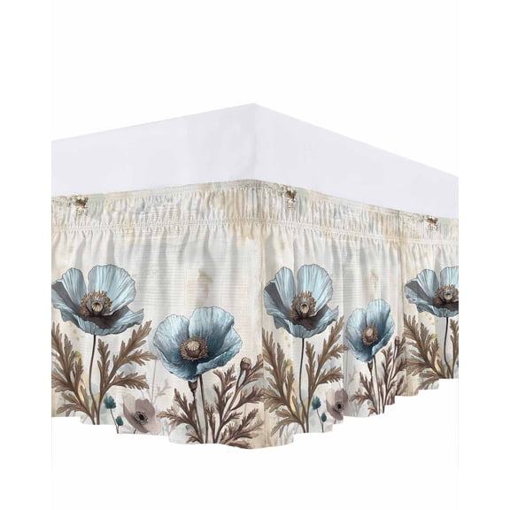 Vintage Poppy Bed Skirt Blue Flowers Plant Bed Skirts King Size 18 Inch Drop, Wrap Around Dust Ruffle Bedskirt with Adjustable Elastic Belt for Queen Size Beds