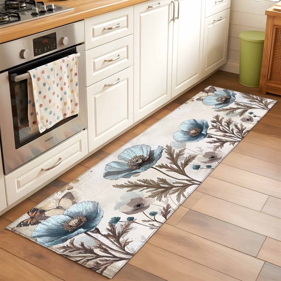 Vintage Poppy Butterfly Runner Rugs 2x6 ft Blue Flowers Plant Washable Hallway Rugs Non-Slip Floor Mats Absorbent Carpet Bedside Runners for Bedroom Kitchen Bathroom Laundry Room