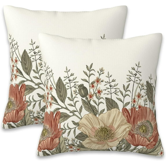 Vintage Poppy Flowers Throw Pillow Covers Set of 2 Blooming Flowers Pillow Covers 18x18 Inch Modern Farmhouse Home Decorative Pillow Cases Cushion Cover for Sofa Living Room Office