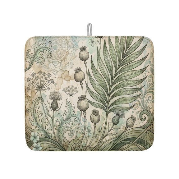 Vintage Poppy Pods Sage Green Fern Leaf Dish Drying Mats for Kitchen Counter,Absorbent Microfiber Dish Drainer Rack Mat Abstract Botanical Drying Pad for Sinks,Utensils,Countertops,16x18in