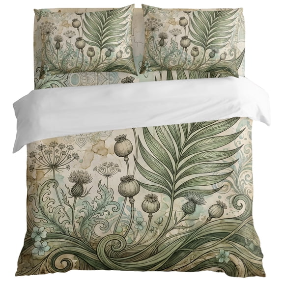 Vintage Poppy Pods Sage Green Fern Leaf King Size Bed Set,Abstract Botanical Bedding for All Seasons,4 Pcs Bed Set with 1 Quiltcover (104"x90"),1 Sheet (108"x98"),2 Pillowcases (20"x36")