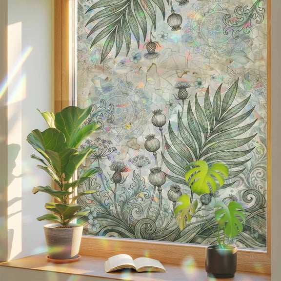 Vintage Poppy Pods Sage Green Fern Leaf Window Privacy Film, Rainbow Film Decorative Window Sticker 17.7x39.3in, Abstract Botanical Sun Blocking Static Stained Glass Cling Tint Non-Adhesive
