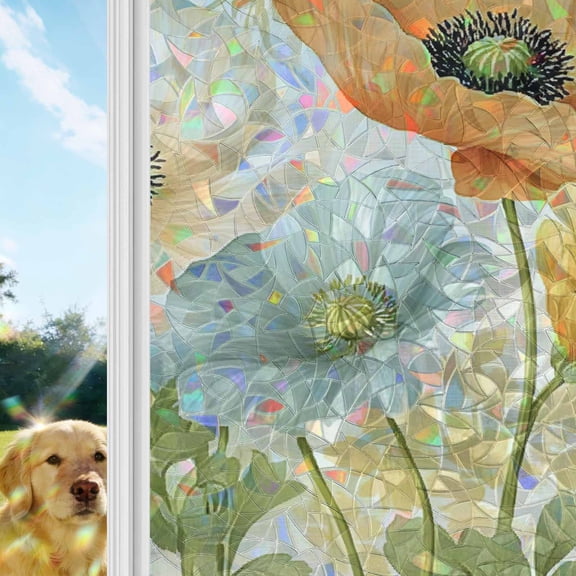 Vintage Poppy Rainbow Window Privacy Film, Orange Blue Yellow Floral Watercolor Flowers Stained Glass Window Film, Sun Blocking Glass Clings Static Cling Non Adhesive Door Stickers 17.7 x 39.3 Inches