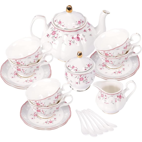 Vintage Porcelain Tea Set for 6 People with Teapot Sugar Bowl and Milk Jug Pink Rose Design