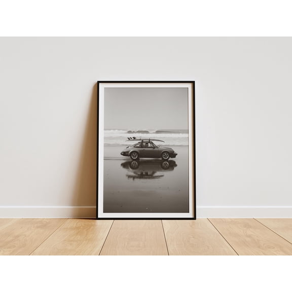 Vintage Porsche 911 Beach Race Print, Black and White Motorsport Photography, Porsche 911 Coastal Poster, Cinematic 1970s Racing Wall Art , Poster Print Only