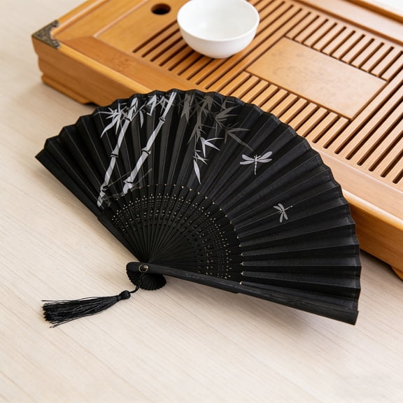 Vintage Portable Silk Folding Fan with Tassel Useful Handheld Fan for Stage Props Home Outdoor Decoration Party Holiday Supplies Durable Natural Wood Frame Lightweight Decor