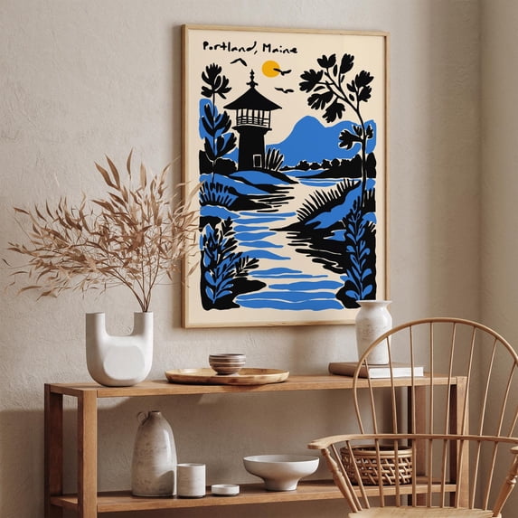 Vintage Portland Maine Lighthouse Coastal Landscape Art Poster, Unframed Canvas 12x16in
