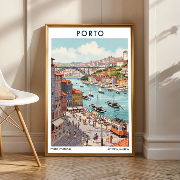 Vintage Porto Travel Poster: Colorful Portugal Cityscape Art Print, Unframed Canvas Size 12x18