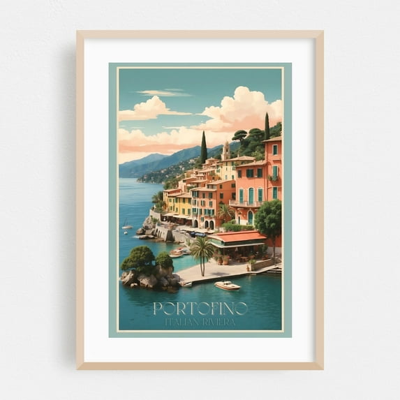 Vintage Portofino Illustrations: Charming Italian Riviera Art - Portofino Liguria Italy Illustration Oak Framed Wall Art Print 16 x 24 inches