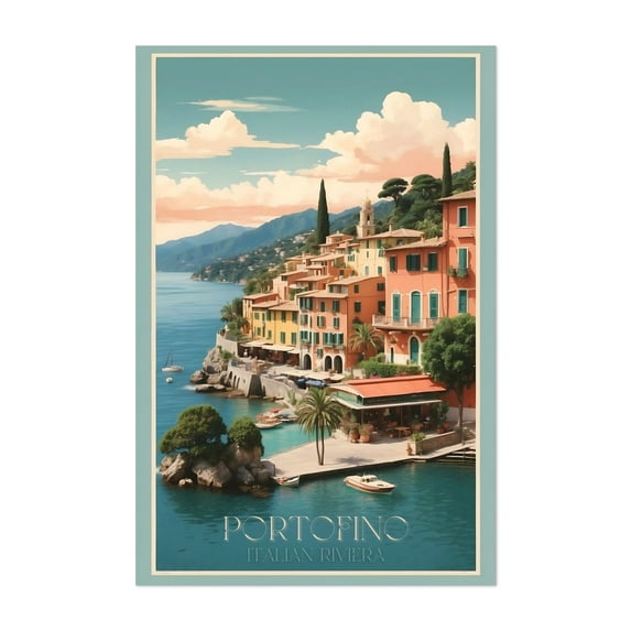 Vintage Portofino Illustrations: Charming Italian Riviera Art - Portofino Liguria Italy Illustration Unframed Wall Art Print 8 x 12 inches