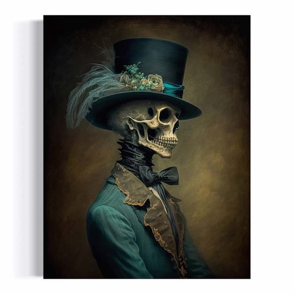 Vintage Portrait Gentleman Groom In Floral Top Hat Gothic Skull Dark Academia Decor Moody Antique Head Rd Poster Wall Art For Decor Present , Poster Only