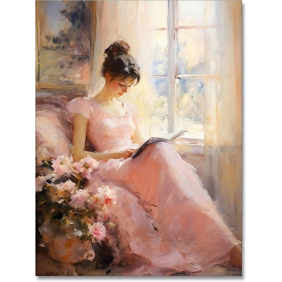 Vintage Portrait Oil Painting Wall Art Retro Pink Girl Reading A Book Posters Famous Antique Female Canvas Pictures Prints Wall Decor Aesthetic for Bedroom Gallery