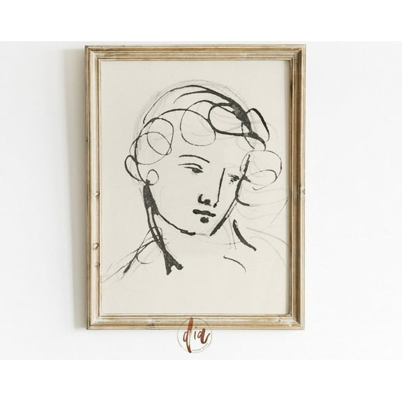 Vintage Portrait Sketch, Female Face Ink Drawing, Antique Line Art, Neutral Wall Art, Eclectic Decor, Gallery Wall Print Wall Art, Modern Wall Decor, 8x12 UNFRAMED