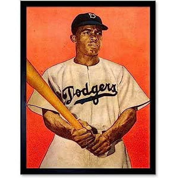 Vintage Portrait of Jackie Robinson with Baseball Bat Brooklyn Dodgers Uniform Sport Athlete Art Print Framed Poster Wall Decor 12x16 inch