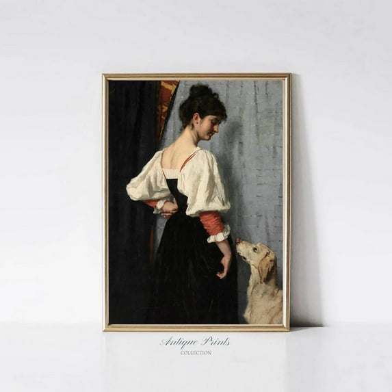 Vintage Portrait of Woman, Woman with Dog Wall Art, Antique Portrait, Moody European Print, Poster, Unframed Poster Size 24x36