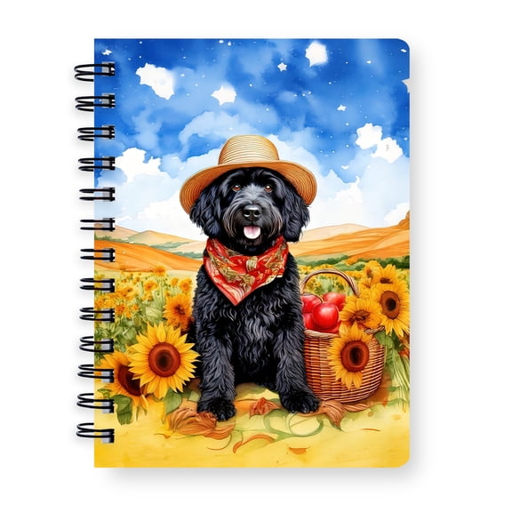Vintage Portuguese Water Dog Says Hello Mother's Day Summer Sunflower Field Spiral Bound Journal PWD Portie Fishing Dog Lover 5x7in Spiral Notebook - 12005