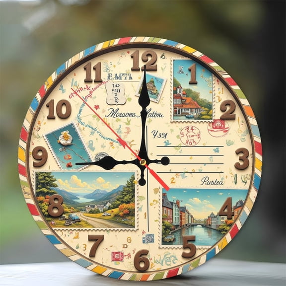 Vintage Postcard Scenic Wall Clock 10-Inch Silent Wooden Wall Clock, Battery Operated (AA Batteries Not Included), Artistic Home Decor
