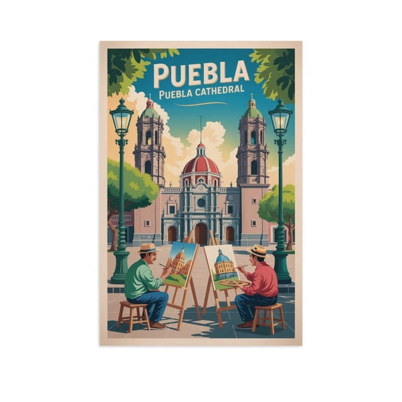 Vintage Postcard Style Puebla Cathedral Mexico Retro Travel Poster Colonial Plaza Baroque Architecture Wall Art Canvas Poster