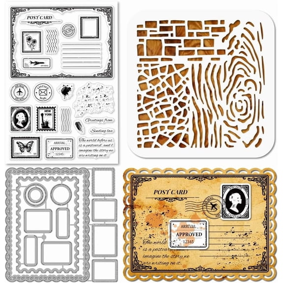 Vintage Postcards Clear Stamps Metal Rectangle Frame Die Cuts Layering PET Paint Craft Stencils