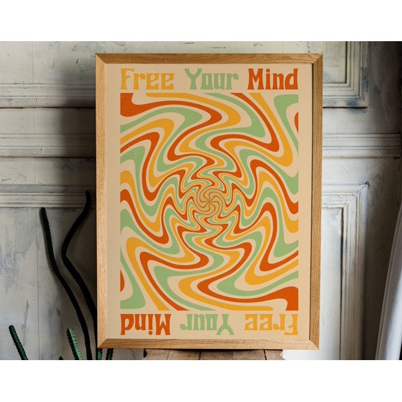 Vintage Poster, Free Your Mind Vintage Print, Retro Psychedelic Print, Hippie Print, 70S Decor, Mindful Quote, Quote Poster, 70S Dorm Decor Wall Art, Modern Wall Decor, 12x18 UNFRAMED