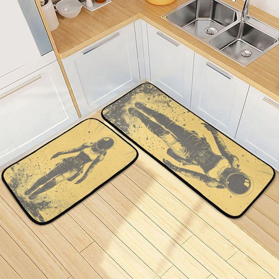 Vintage Poster Of Astronauts in Space Kitchen Mat Set of 2 Cushioned Non Slip Rugs for Bedroom Floor Runner Mats