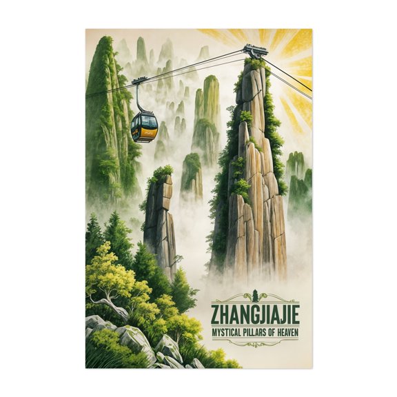 Vintage Poster of Zhangjiajie – China's Natural Wonder - Zhangjiajie Hunan China Illustration Travel Poster Mystical Nature Landscape Mountain Scenic Fantasy Unframed Wall Art Print 24 x 36 inches