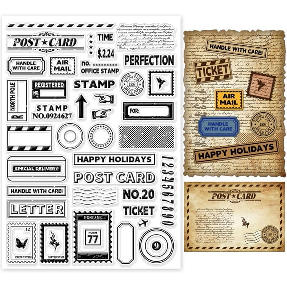 Vintage Postmark Postcard Clear Stamps 11.7x8.3 inch Postcard Frame Silicone Clear Stamp Seals Vintage Words Transparent Stamps for DIY Scrapbooking Cards Making Photo Album Journal DIY
