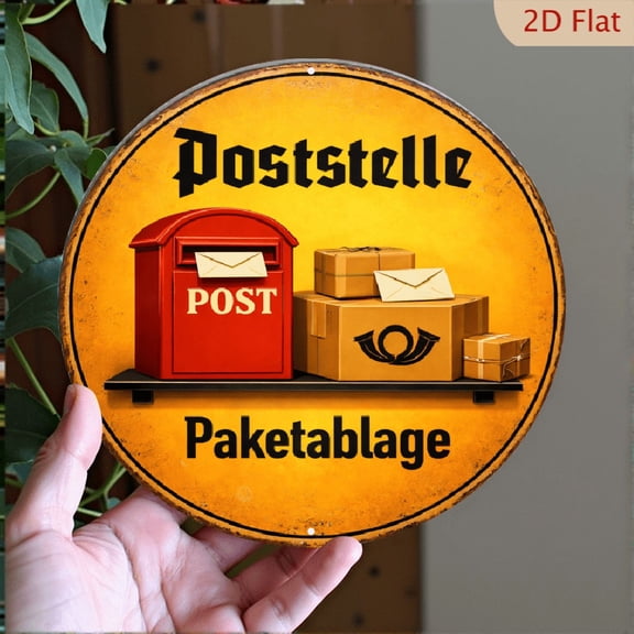 Vintage Poststelle Metal Sign, Round Aluminum Wall Decor for Post Office, 8x8 Inch