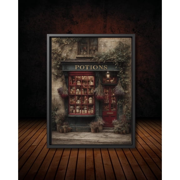 Vintage Potions Store Art Poster, Apothecary Shop Street Scene Wall Art, Dark Academia Reading Nook Room Decor, Style, Unframed Poster Size 8x12